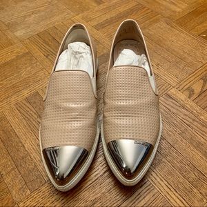Miu miu pink patent leather slip on metal cap toe